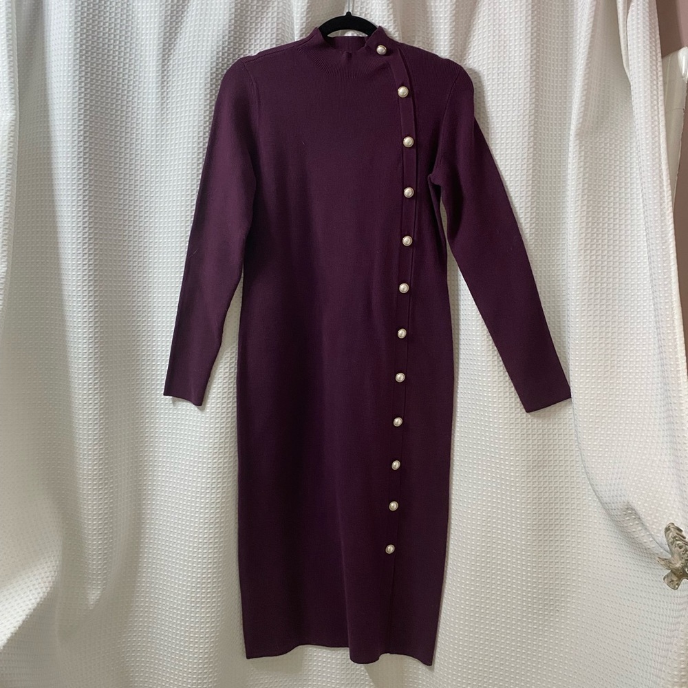 NWOT AT Pearlized Button Trim Ribbed Sweater Dress